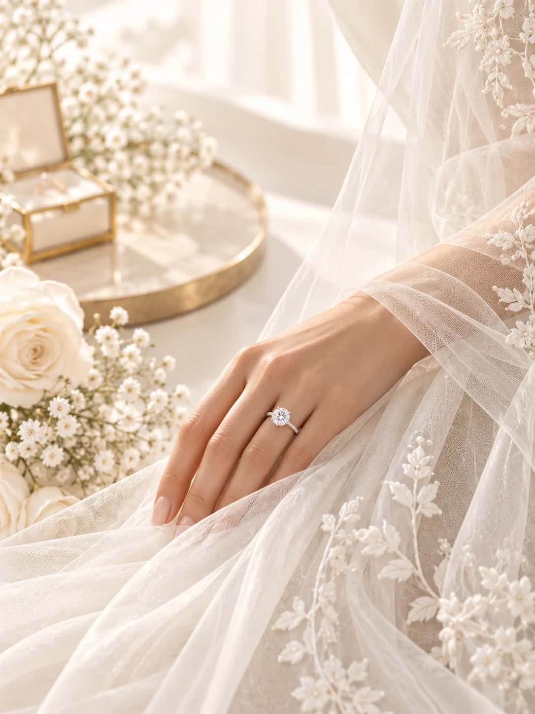 Lace, a diamond ring and soft ivory bridal fabric